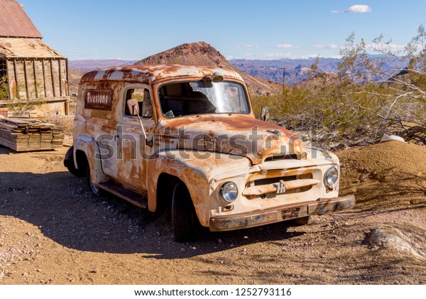 Nelson, NV, USA- December 3, 2018 - Old abandoned\
truck in mining ghost town.\
