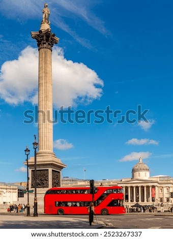 Nelson's column and double-decker bus on Trafalgar square, London, UK