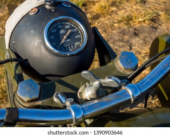 Nelzha, Russia - August 27, 2018: Headlight With Motorcycle Controls BMW R75