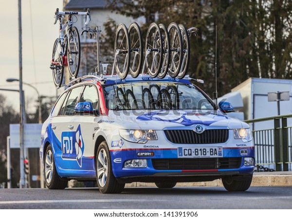 NEMOURS,FRANCE,MARCH 4: The technical car of FDJ\
Team on the roadduring the first stage of the famous road bicycle\
race Paris-Nice, on March 4, 2013 in\
Nemours.