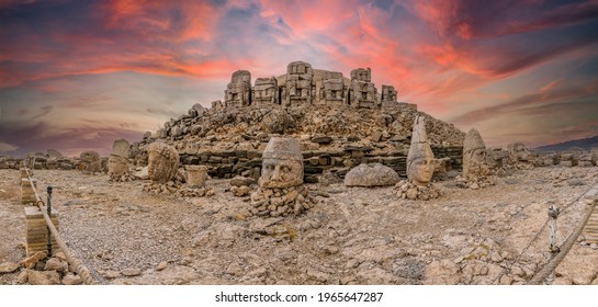 Nemrut has giant sculptures and reliefs were built on the monumental tomb made for Antiochus I the King in Turkey,