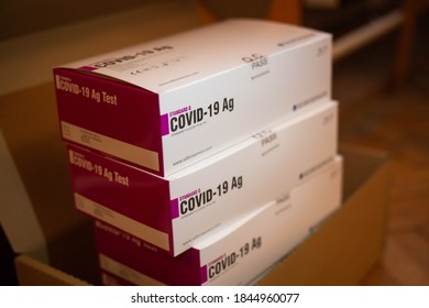 Nemsova, Slovakia - 11.1.2020: Covid 19 National Test In Slovakia - Covid 19 Antigen Tests In Boxes