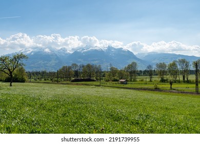 Nendeln, Liechtenstein, April 28, 2022 Beautiful Landscape On A Sunny Day In Spring Time