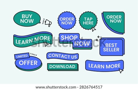 Neo Mint Call to Action UI Elements Set, Modern Web Buttons, Buy Now, Order Now, Learn More, Contact Us, Download, Best Seller Collection