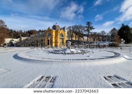 Neo-Baroque Main Colonnade in small west Bohemian Spa town Marianske Lazne (Marienbad) - sunny winter day with snow - region Karlovy Vary - Czech Republic - Europe