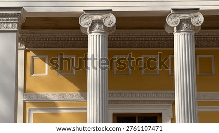 Neoclassical architecture featuring white Ionic columns and a yellow wall decorated with geometric reliefs in bright sunlight.