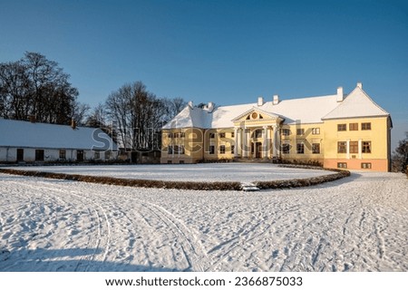 Neoclassical building of Durbe Manor (built in 1671, remodeled in 1820) in Tukums town. Winter 2022
