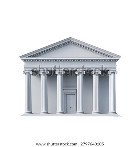 Neoclassical building facade with ionic columns and pediment isolated on a white background