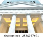 A neoclassical building facade with symmetrical columns and a triangular pediment, showcasing bright yellow lighting in the recessed ceiling panels.