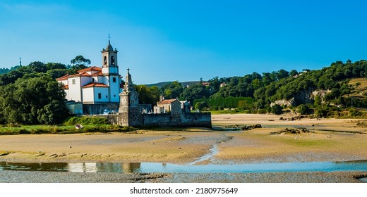 Neoclassical church Our Lady Sorrows   Niembro Cemetery at low tide  Niembro  LLanes  Asturias  Spain