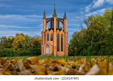 Neo-Gothic temple from 1793 - autumn in the park of the state chateau Krásný Dvůr near Louny - Czech Republic, Europe.
