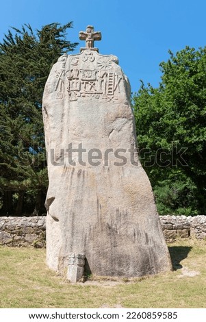 Neolithic Menhir of Saint-Uzec Christianized in 1674 (Pleumeur-Bodou, Cotes d'Armor, Brittany, France)
