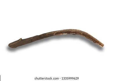 Neolithic Sickle Made With Silex Blades. The Sickle Influenced On The Neolithic Agricultural Revolution Deeply. Isolated Over White Background