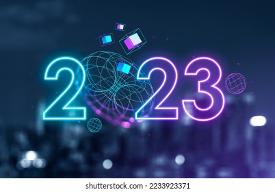 Neon 2023 year numbers, digital hologram of spheres and blocks floating on blurred cityscape. Concept of metaverse and futuristic technology