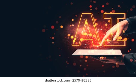 Neon AI text over a tablet in human hands, glowing red particles, dark background, concept of artificial intelligence and digital technology