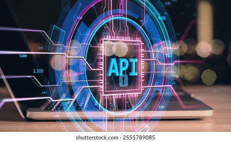 Neon API interface hologram overlay on a laptop, modern digital concept, on an office desk at night, symbolizing tech and programming