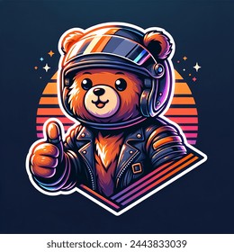 Neon avatar vector-style image of a cute bear with a motorcycle helmet gives a thumbs up