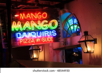 Neon Bar Sign On Bourbon Street In The French Quarter In New Orleans, Louisiana