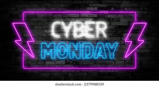 Neon Black Friday and Cyber Monday signboard. Sale banner with glowing neon text. Concept template for promo banners, flyers, brochures. Stock vector illustration.
