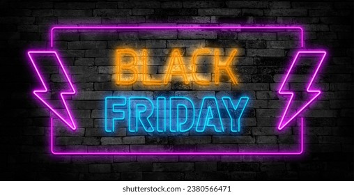 Neon Black Friday and Cyber Monday signboard. Sale banner with glowing neon text. Concept template for promo banners, flyers, brochures. Stock vector illustration.