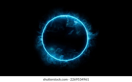 Neon blue color geometric circle on a dark background. Round mystical portal. Mockup for your logo. Futuristic smoke. Mockup for your logo. - Shutterstock ID 2269534961