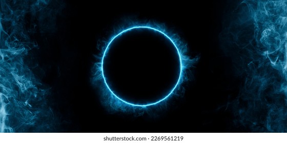 Neon blue color geometric circle on a dark background. Round mystical portal. Mockup for your logo. Futuristic smoke. Mockup for your logo. - Shutterstock ID 2269561219