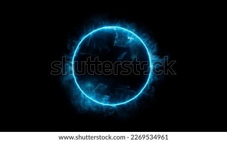 Neon blue color geometric circle on a dark background. Round mystical portal. Mockup for your logo. Futuristic smoke. Mockup for your logo. Сток-фото © 