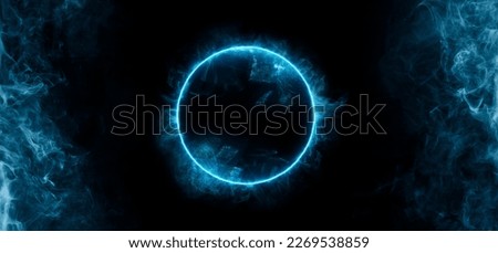 Neon blue color geometric circle on a dark background. Round mystical portal. Mockup for your logo. Futuristic smoke. Mockup for your logo.