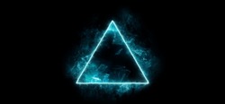 Neon Blue Color Geometric Triangle On A Dark Background. Mystical Portal. Mockup For Your Logo. Futuristic Smoke. Mockup For Your Logo.