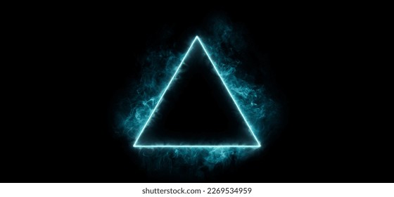 Triángulo geométrico de color azul neón sobre un fondo oscuro. Portal místico. Tragedia por tu logo. Fumar futurista. Tragedia por tu logo.