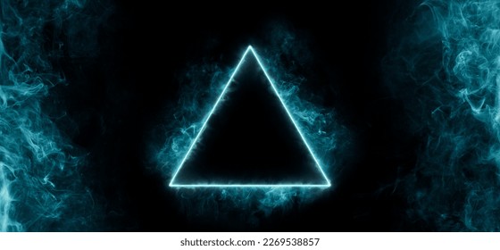 Neon blue color geometric triangle on a dark background. Mystical portal. Mockup for your logo. Futuristic smoke. Mockup for your logo. - Shutterstock ID 2269538857