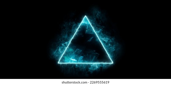 Neon blue color geometric triangle on a dark background. Mystical portal. Mockup for your logo. Futuristic smoke. Mockup for your logo.