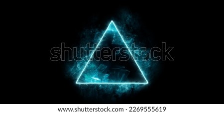 Neon blue color geometric triangle on a dark background. Mystical portal. Mockup for your logo. Futuristic smoke. Mockup for your logo.