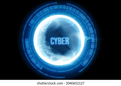 Neon blue geometric circle with  inscription online on dark background. Round virtual screen. Holographic interface to display data.