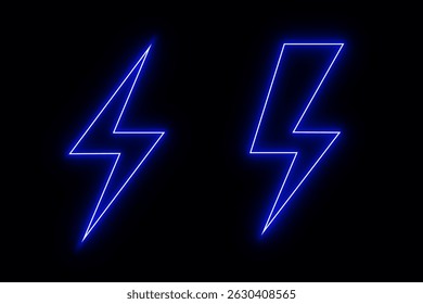 Neon blue lightning bolt glowing symbol on black isolated background energetic electric power line art design