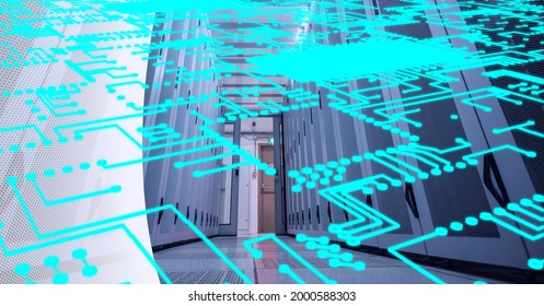 Neon blue microprocessor connections against computer server room in background. cyber security and data storage technology concept