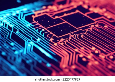 Neon blue red circuit board background close up