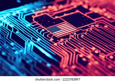 Neon blue red motherboard background with USA flag on CPU closeup