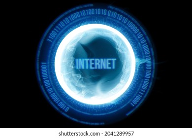 Neon color geometric circle with  inscription online on dark background. Round virtual screen. Holographic interface to display data.