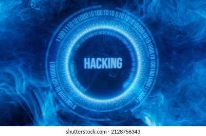 Neon color geometric circle with  inscription hacking on dark smoke background. Round virtual screen. Holographic interface to display data. Crime, cyber attack, system, breaking and malware concept.