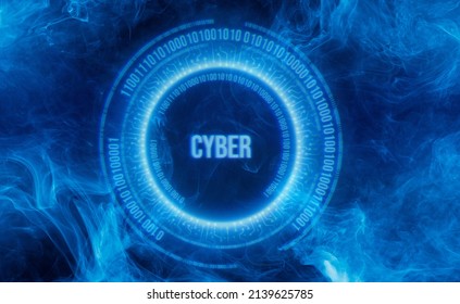 Neon color geometric circle with  inscription cyber on dark smoke background. Round virtual screen. Holographic interface to display data. Crime, cyber attack, system, breaking and malware concept.