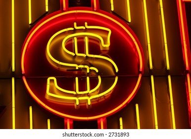 A Neon Dollar Sign, On A Striped Neon Background.