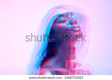 Neon, double exposure and woman face with art deco, creative and color lighting for style in studio. Female model, cosmetics and overlay with glow, makeup and person with freedom and pink background
