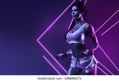 Neon Fitness Girl On A Color Background