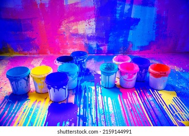 Neon Fluorescent Colorful Background. Abstract Watercolor Splatter Color Background, Colorful Paint Drops Ink Splashes Grunge Card Design.