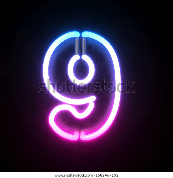 Neon font, blue and pink neon light 3d rendering,\
number 9