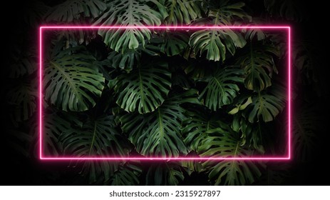 Neon frame on tropical palm leaves background. 80-90, neon, jungle concept. - Powered by Shutterstock