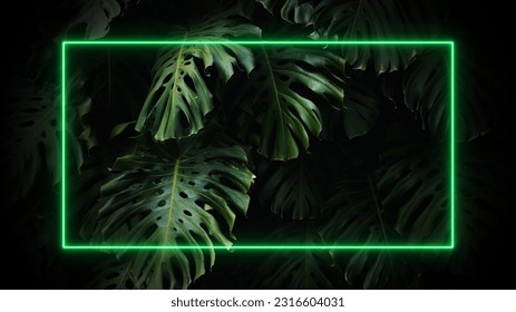 Neon frame on tropical palm leaves background. 80-90, neon, jungle concept. - Powered by Shutterstock