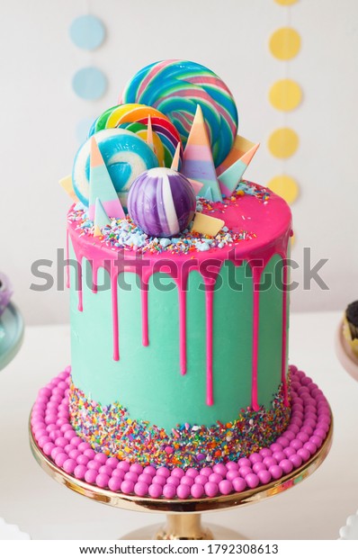 Neon Green Pink Drip Birthday Cake Stock Photo (Edit Now) 1792308613