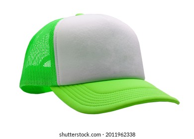 Neon green Trucker cap isolated on white background. Basic baseball cap. Mock-up for branding.